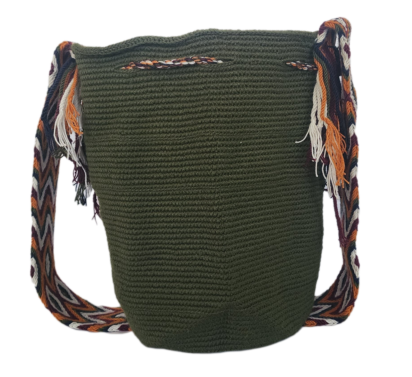 Handmade Wayuu crochet bag in olive with bold tassel accents and zigzag strap — colorful artisan craftsmanship with Boho charm.