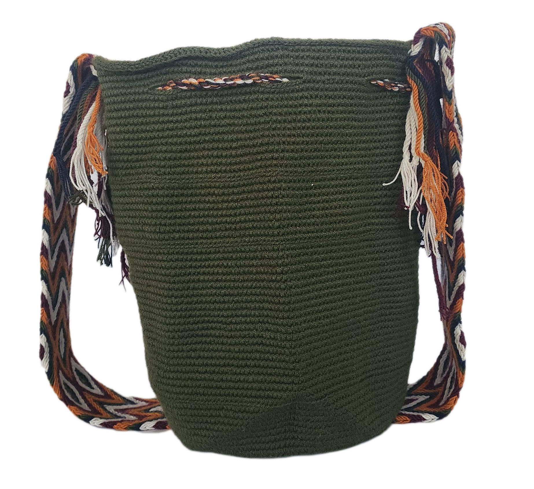 Bottom view Handmade Wayuu crochet bag in olive with bold tassel accents and zigzag strap — colorful artisan craftsmanship with Boho charm.