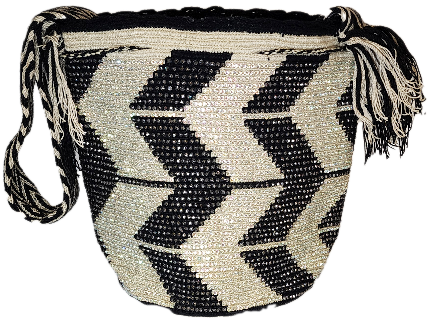 Elegant bohemian crochet bag with a crystal-studded chevron design.