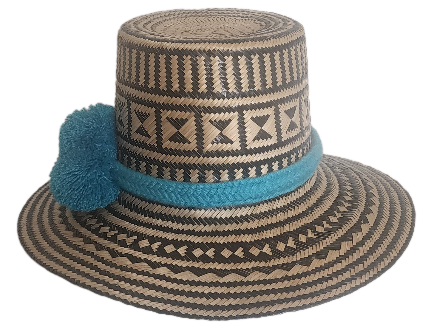 Bohemian Wayuu hat with black tribal patterns and vibrant blue accents