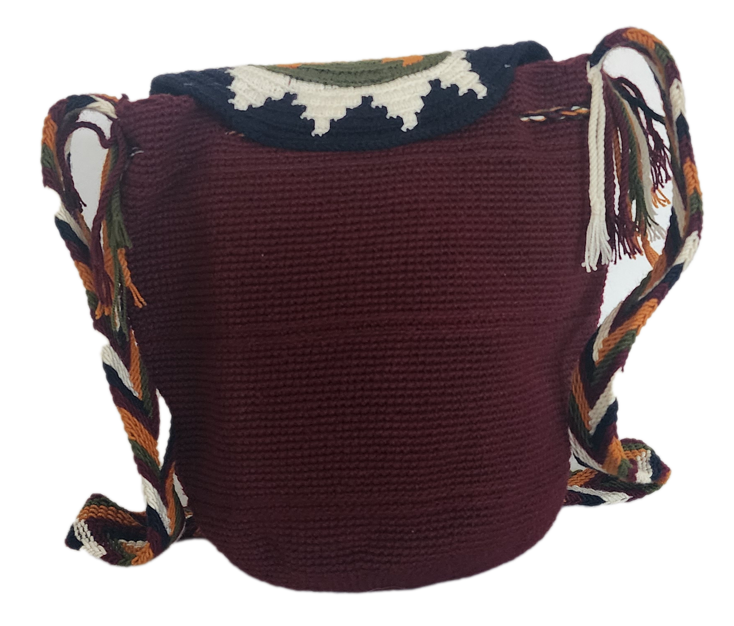 Bohemian artisan Wayuu crochet bag with circular flap in autumn tones and long multicolor tassels — stylish handmade mochila for the boho soul.