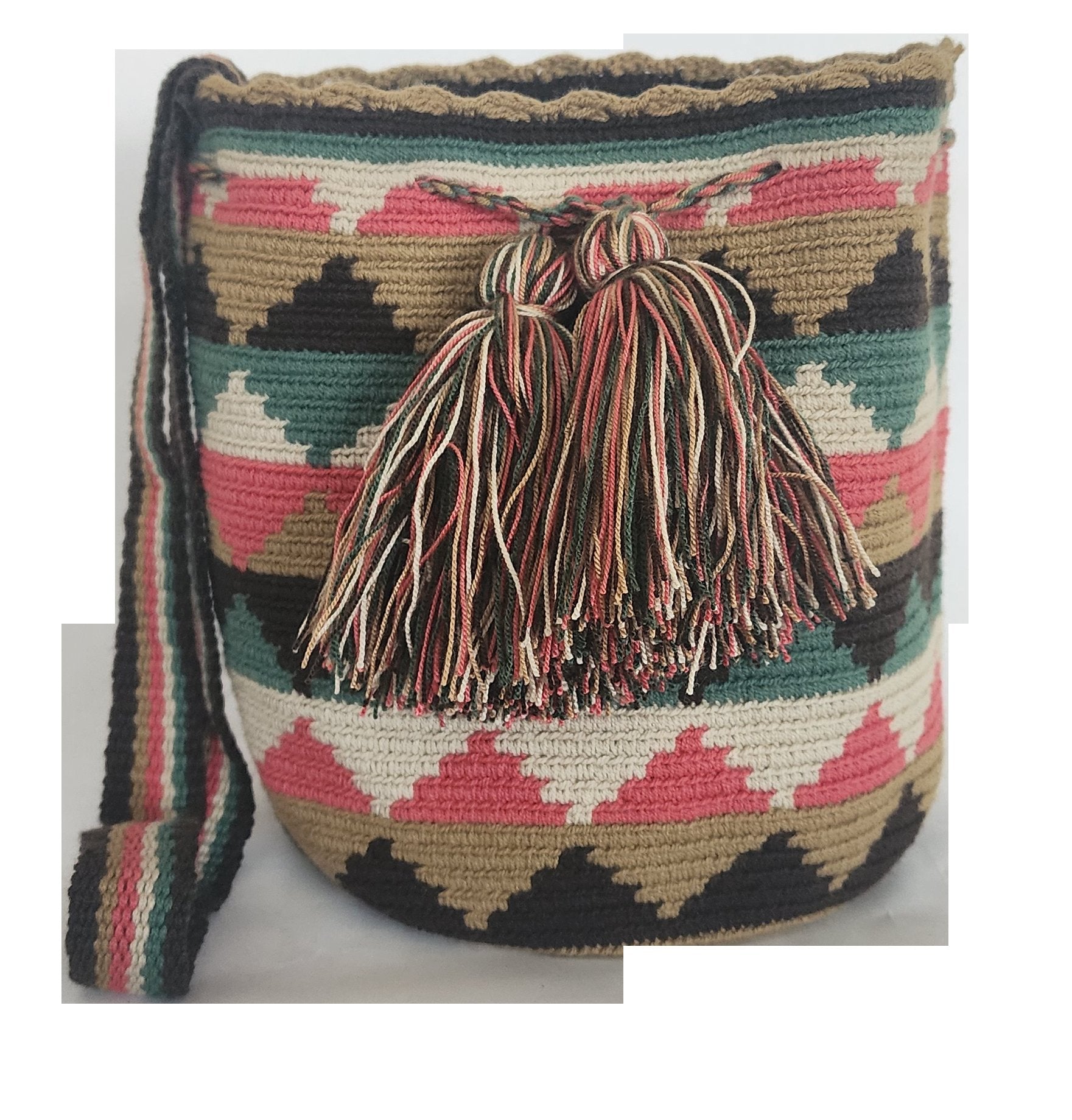 Bohemian crochet Wayuu bag featuring soft earth tones, geometric patterns, and artisan tassel detail — perfect for boho style lovers.