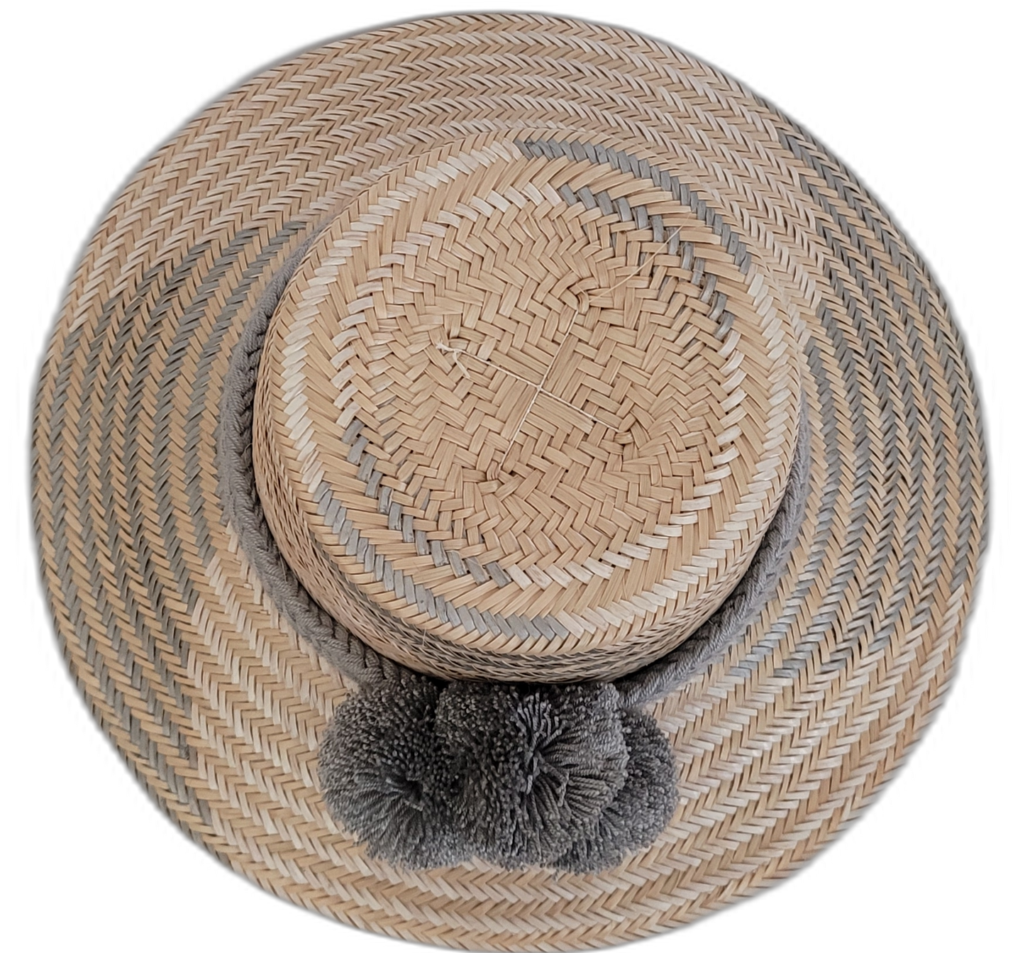 Bohemian Wayuu hat, handwoven with gray accents, featuring gray pompoms.