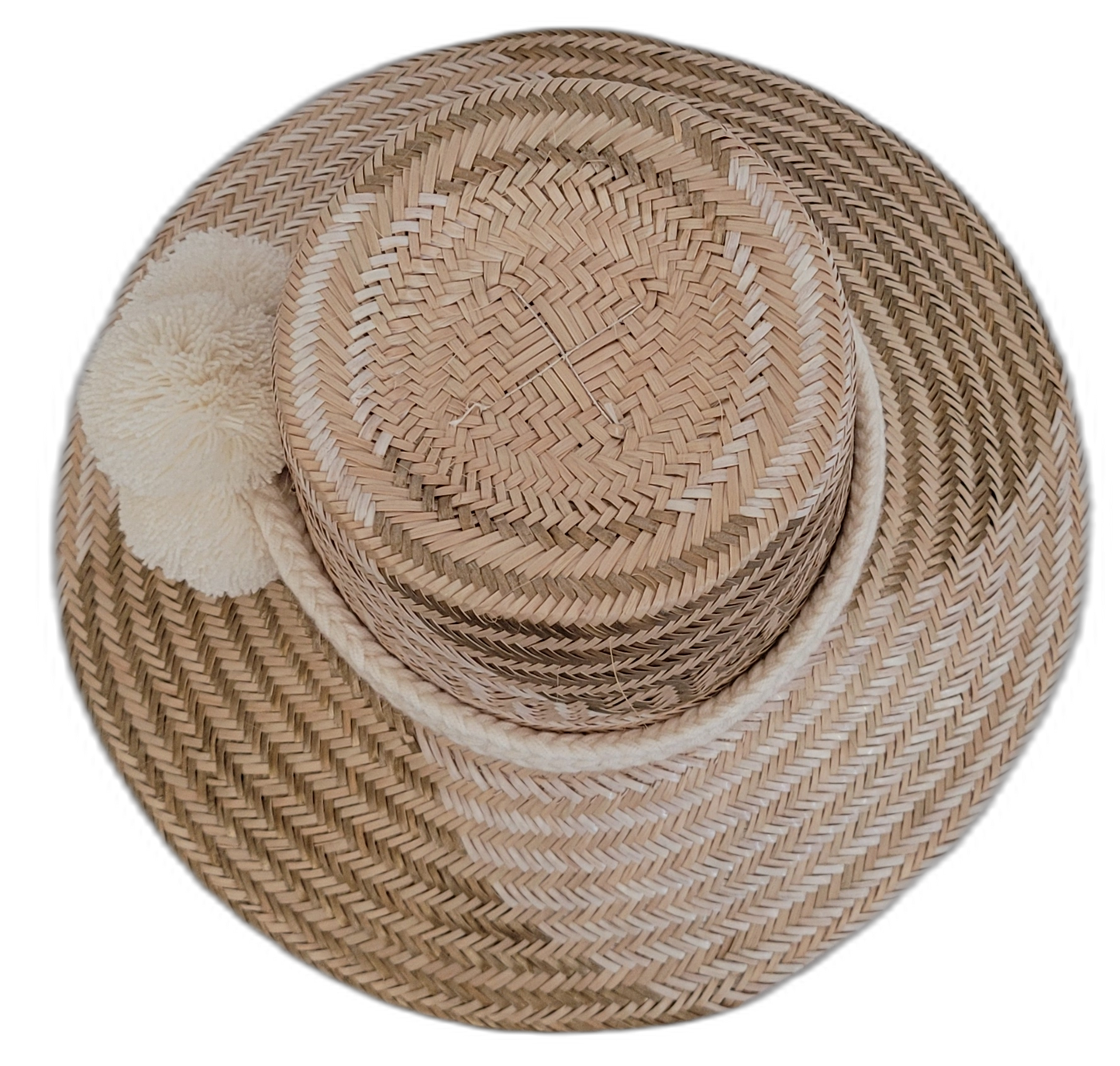 Boho Chic hat, Wayuu artisan-made, straw hat with delicate cream pompoms and beige-light brown weave.