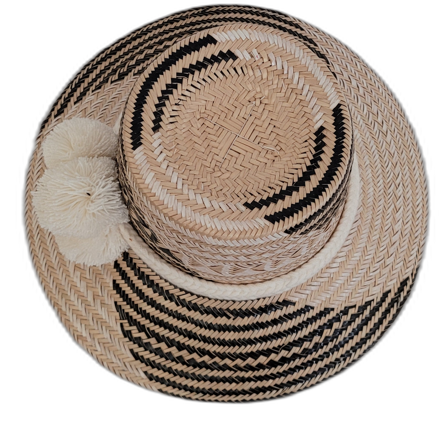 Boho Chic hat, Wayuu artisan-made, straw hat with soft cream pompoms and black-beige accents.