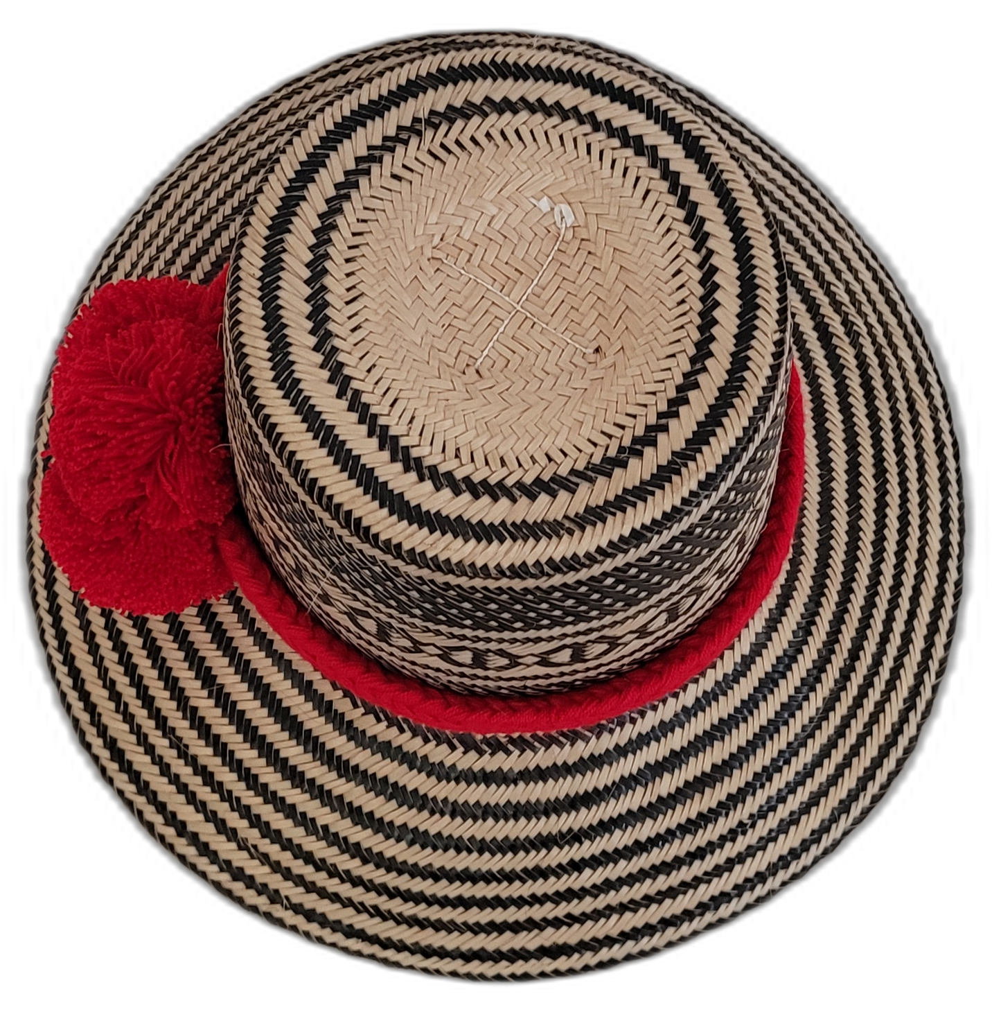 Boho Chic hat, Wayuu artisan-made, straw hat with vivid red pompoms and black-beige accents.