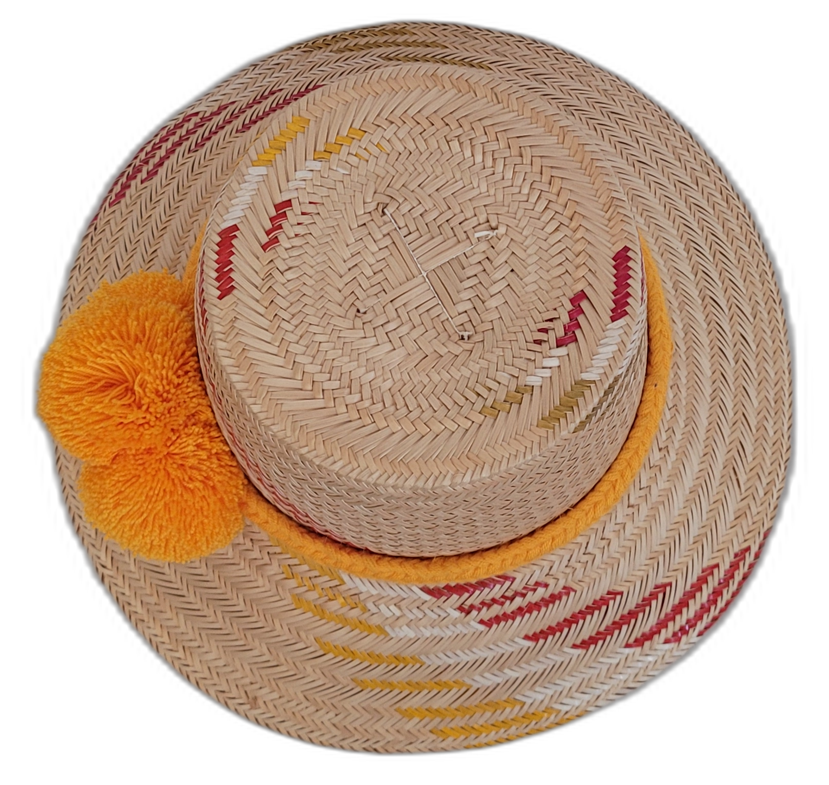 Boho Chic hat, Wayuu artisan-made, straw hat with vibrant orange pompoms and red-yellow accents.