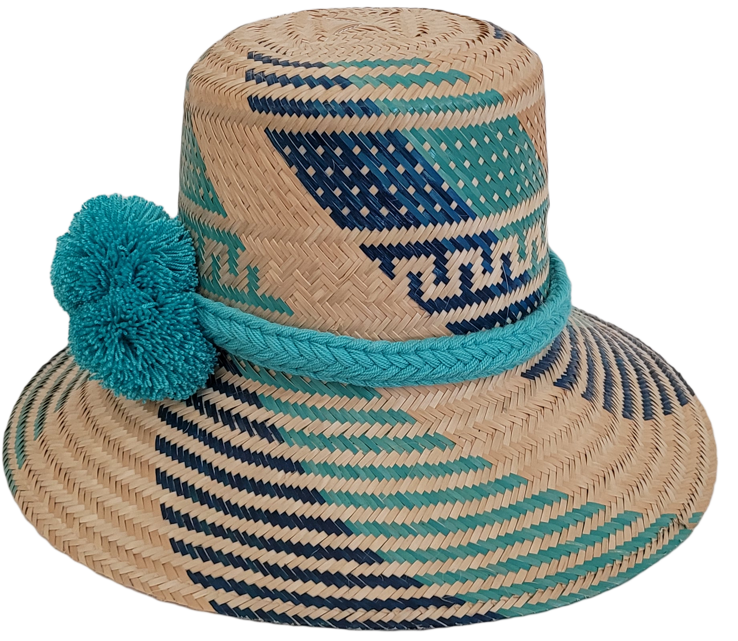 Boho Wayuu artisan straw hat in turquoise and navy, handmade with vibrant pompoms.