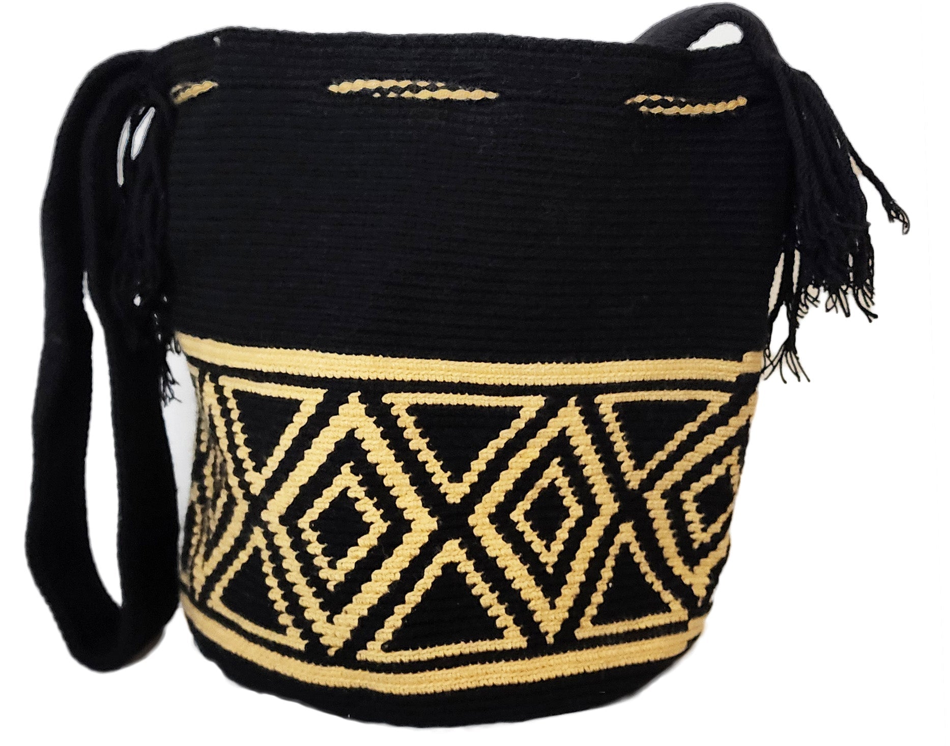 Bottom view Large boho chick crochet bag in black and beige, artisan crossbody strap, striking geometric design, and soft oversized tassels.