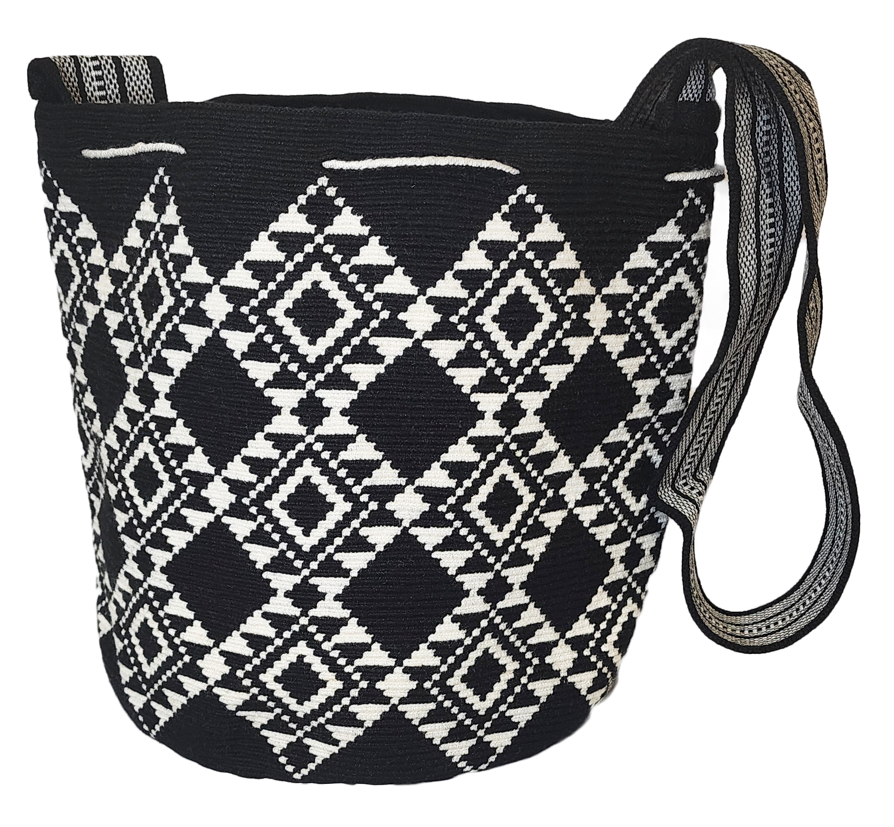 Bottom view Large boho chick crochet bag in black and white, artisan crossbody strap, minimalist geometric pattern, and striking black and white tassels.