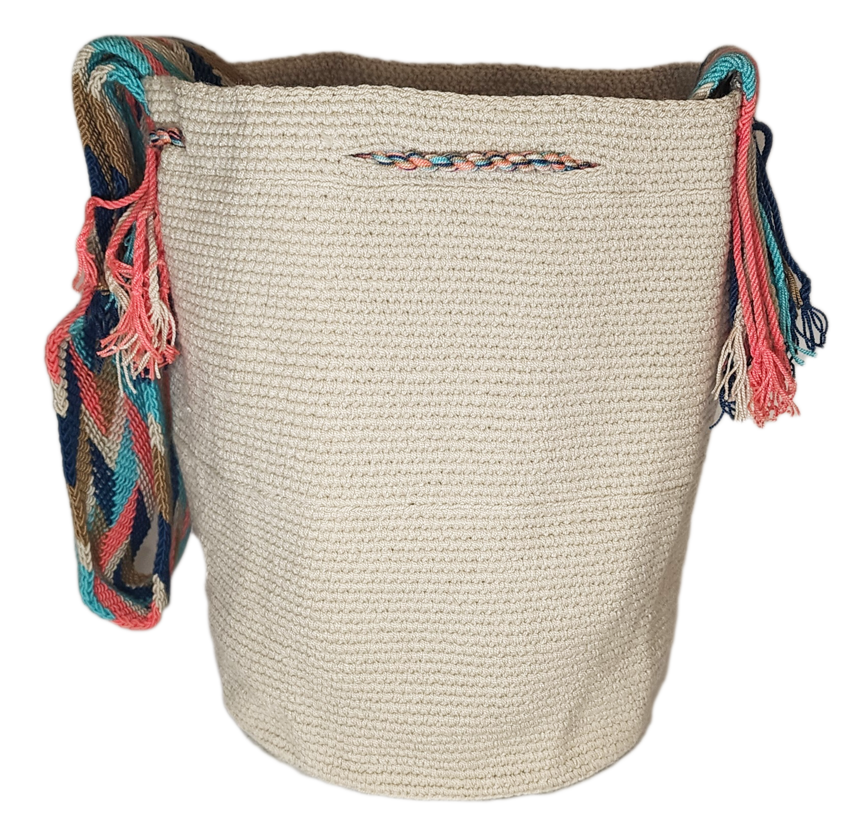 Bottom view Large boho chick crochet bag in cream with colorful strap, artisan crossbody, striking multicolor tassels, and minimalist chic design.