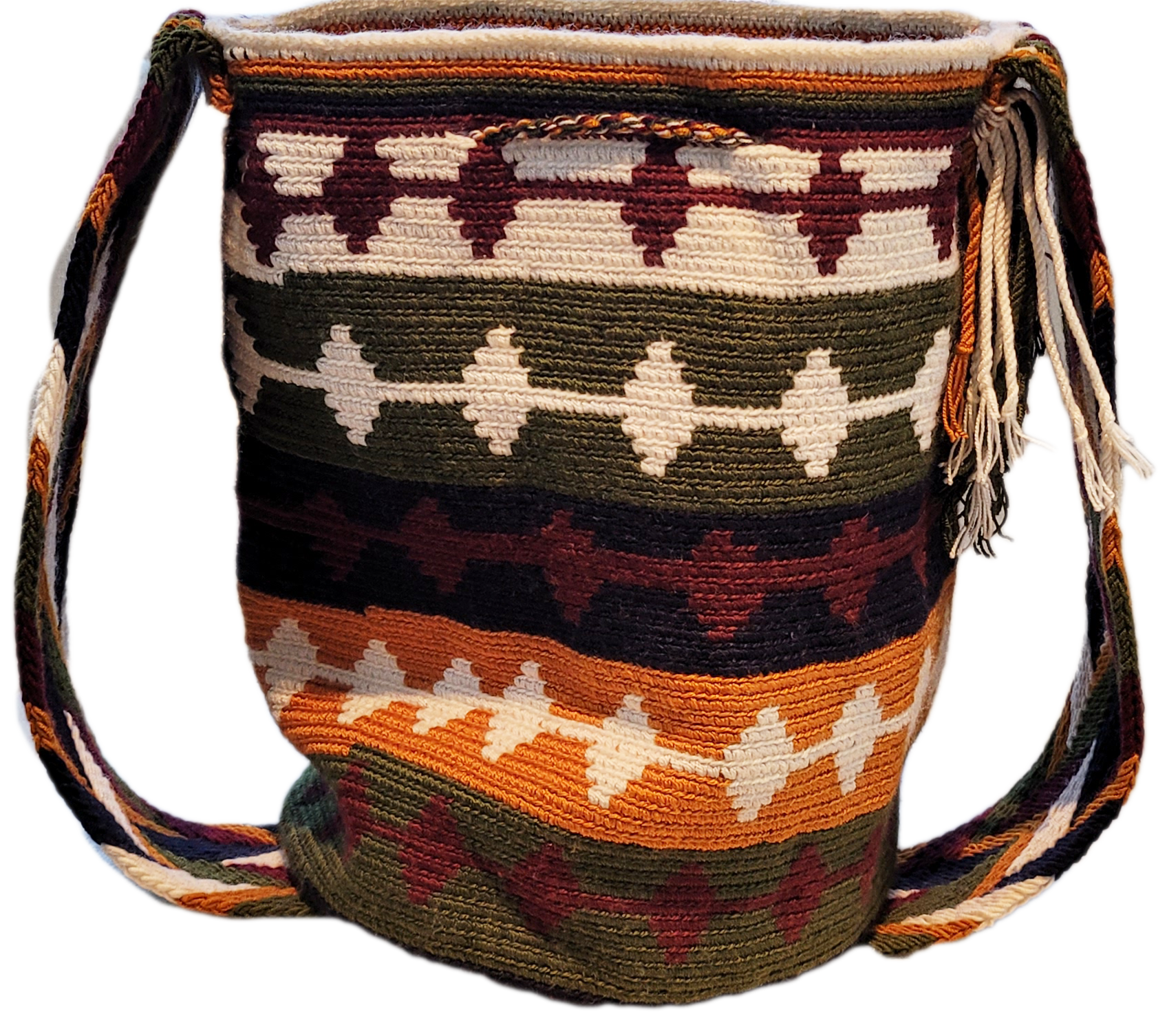 Bottom view Large boho chick crochet bag, handmade by Wayuu artisans, adorned with multicolor tassels and vibrant striped patterns.