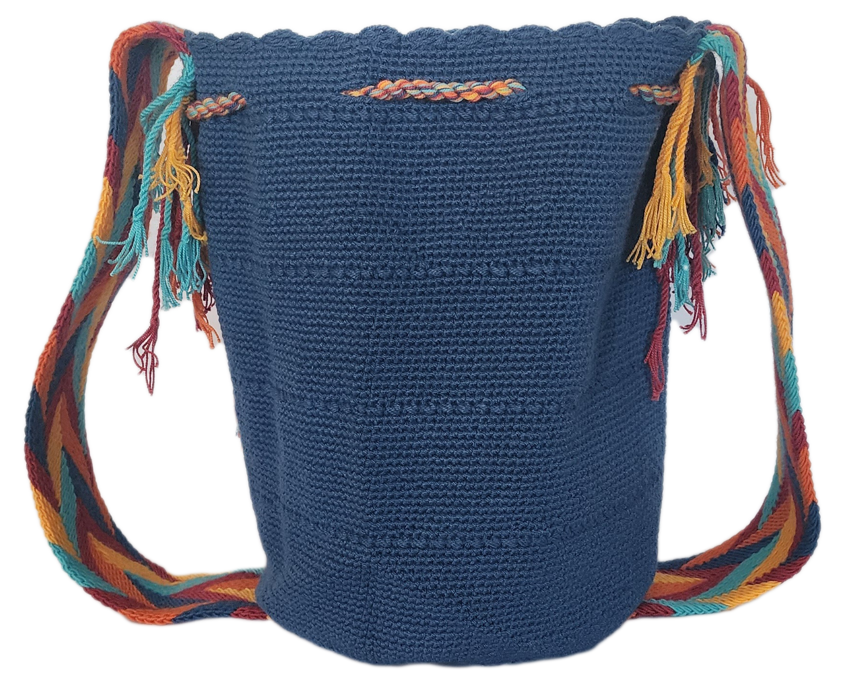 Large boho chick crochet bag with navy blue base, vibrant strap in orange, red, yellow, turquoise, and playful multicolor tassels.