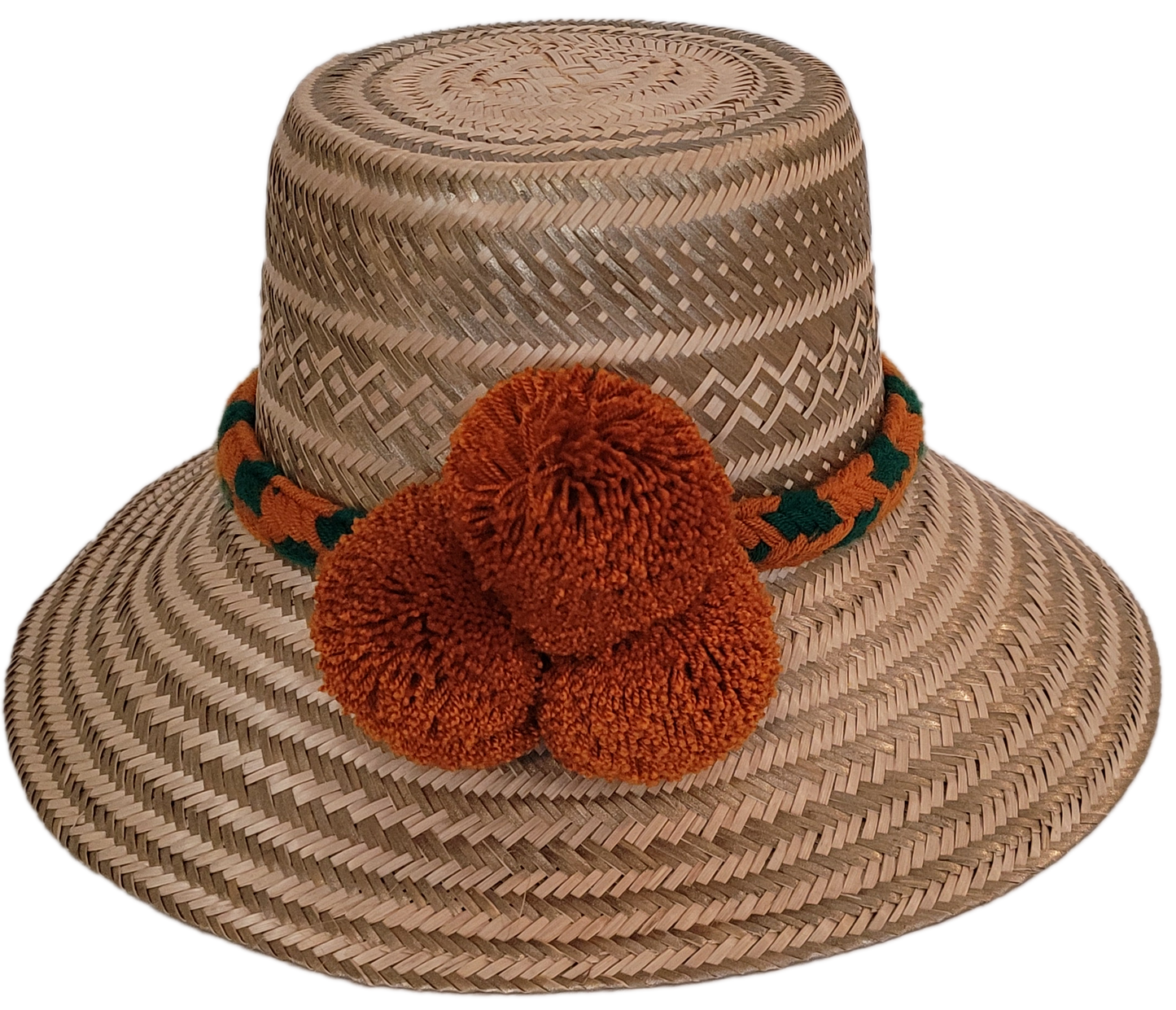 Handmade straw Wayuu hat with rust-orange pompoms and colorful woven band