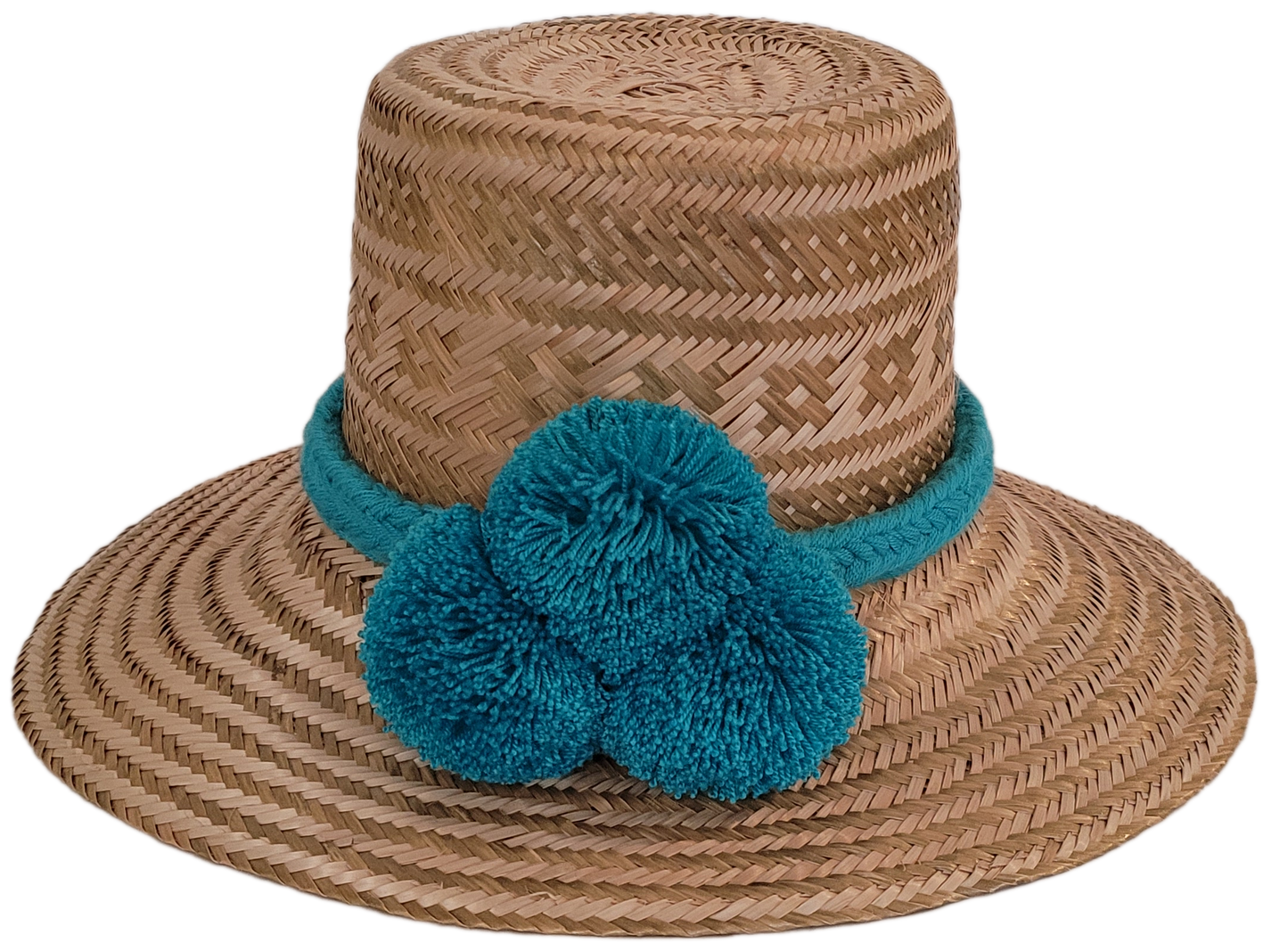 Handmade straw hat with turquoise pompoms and chevron weave