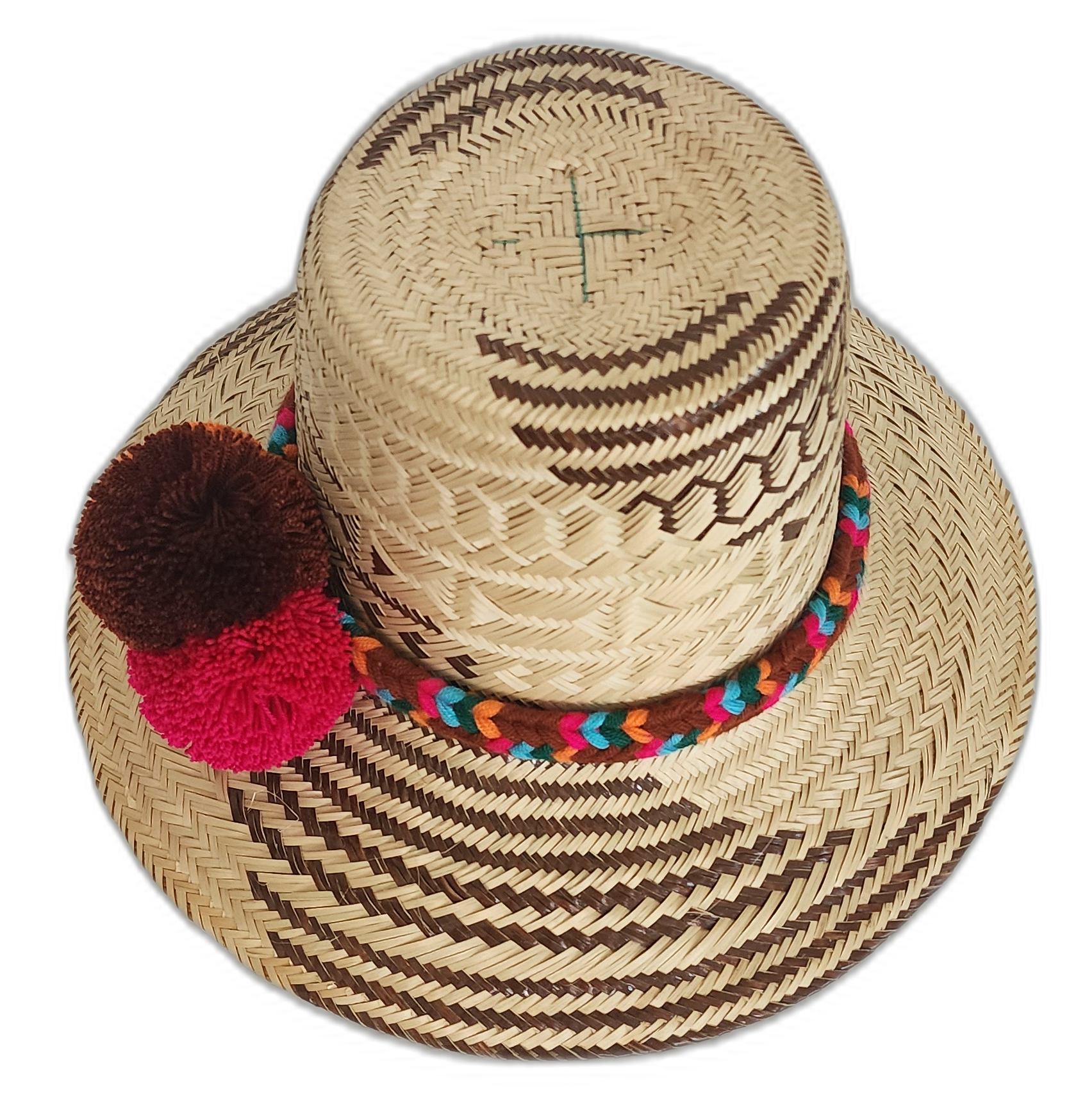 Boho chick hat featuring vibrant orange, pink, and chocolate pompom accents