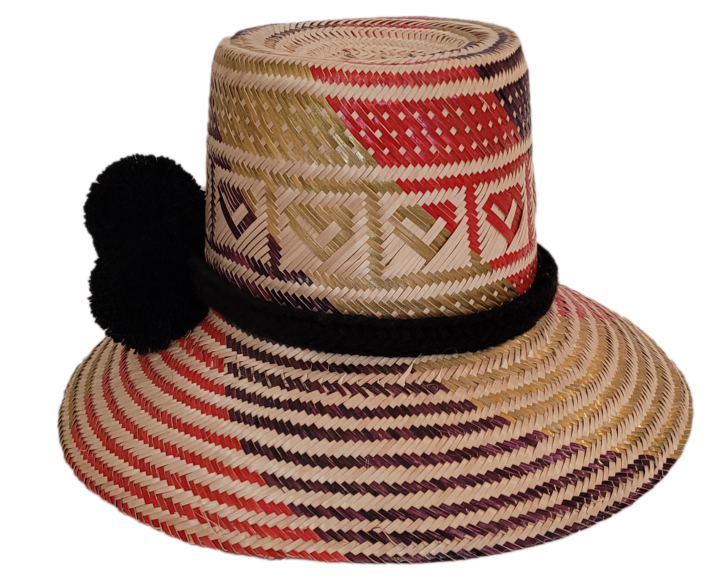 Boho-chick straw hat with red, purple, and natural weaving, artisan-crafted