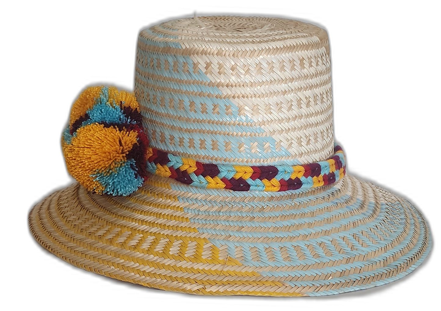 Boho chick straw hat crafted from Iraca palm, featuring sun-inspired colors and artisan pompom details.
