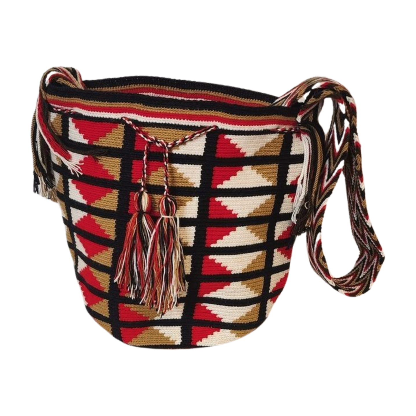 Handmade boho chick Wayuu mochila bag featuring red, black, and beige crochet design