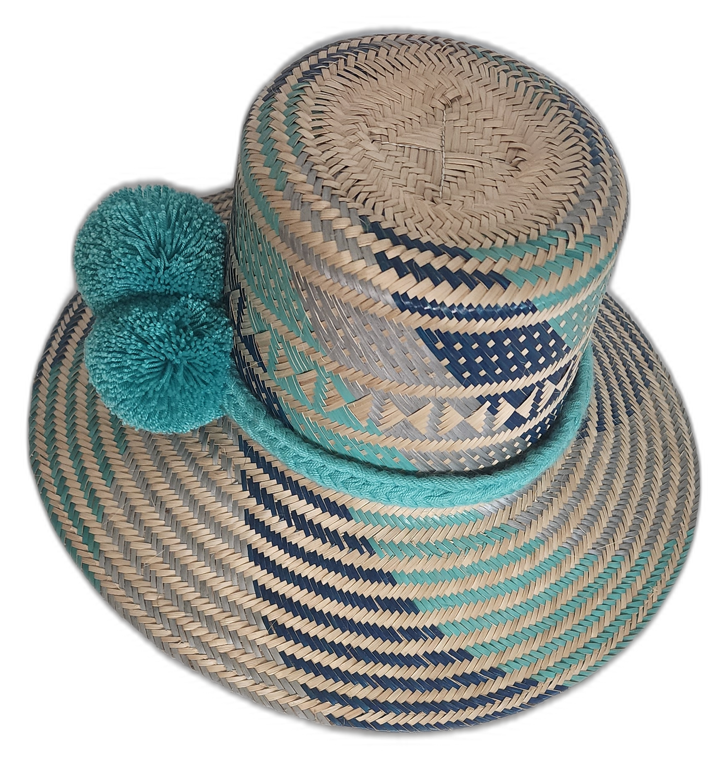 Boho Chick Straw Hat with a wide brim, woven in bold blue and aqua geometric patterns