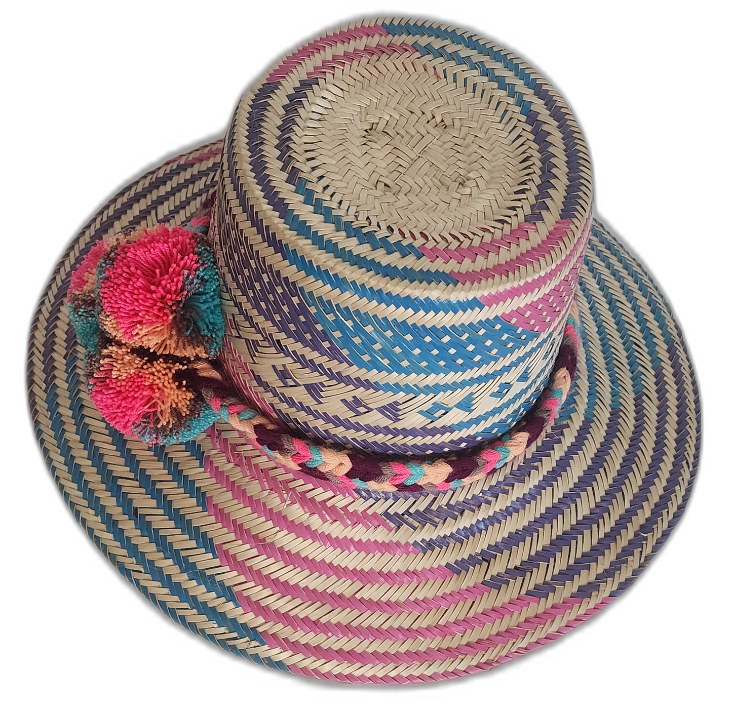 Wayuu chick straw hat with bold purple, blue, and pink tones