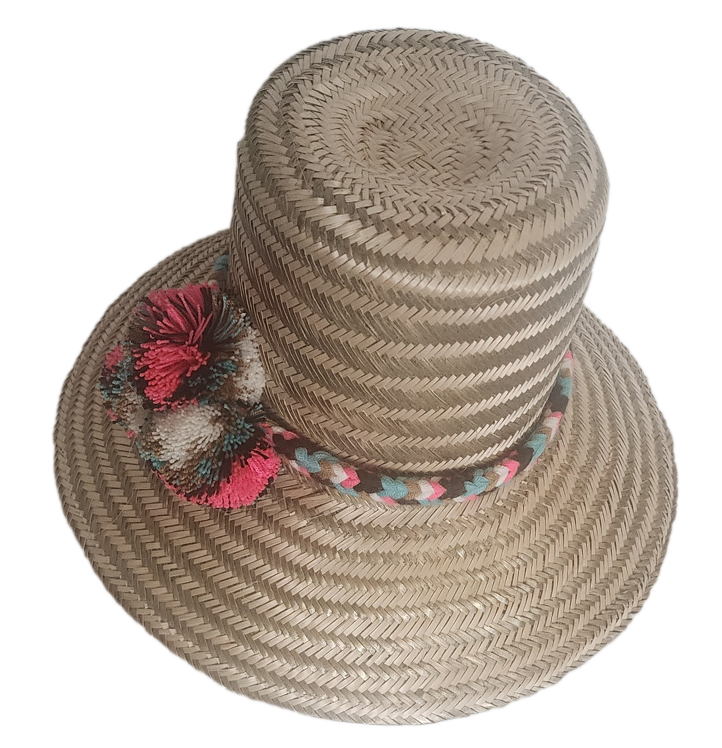 Handmade straw hat with bold geometric texture and boho Wayuu flair