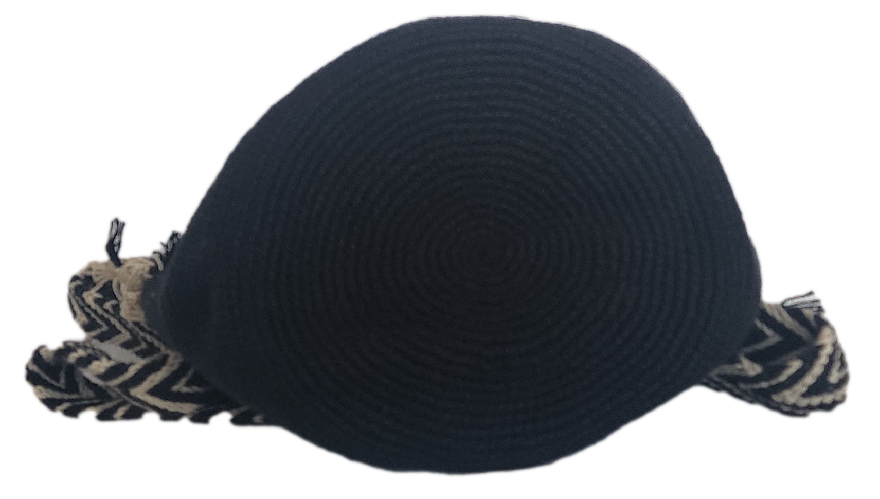 Bottom view Handmade bohemian crochet bag featuring circular flap pattern, shoulder strap, and tassels in contrasting colors.