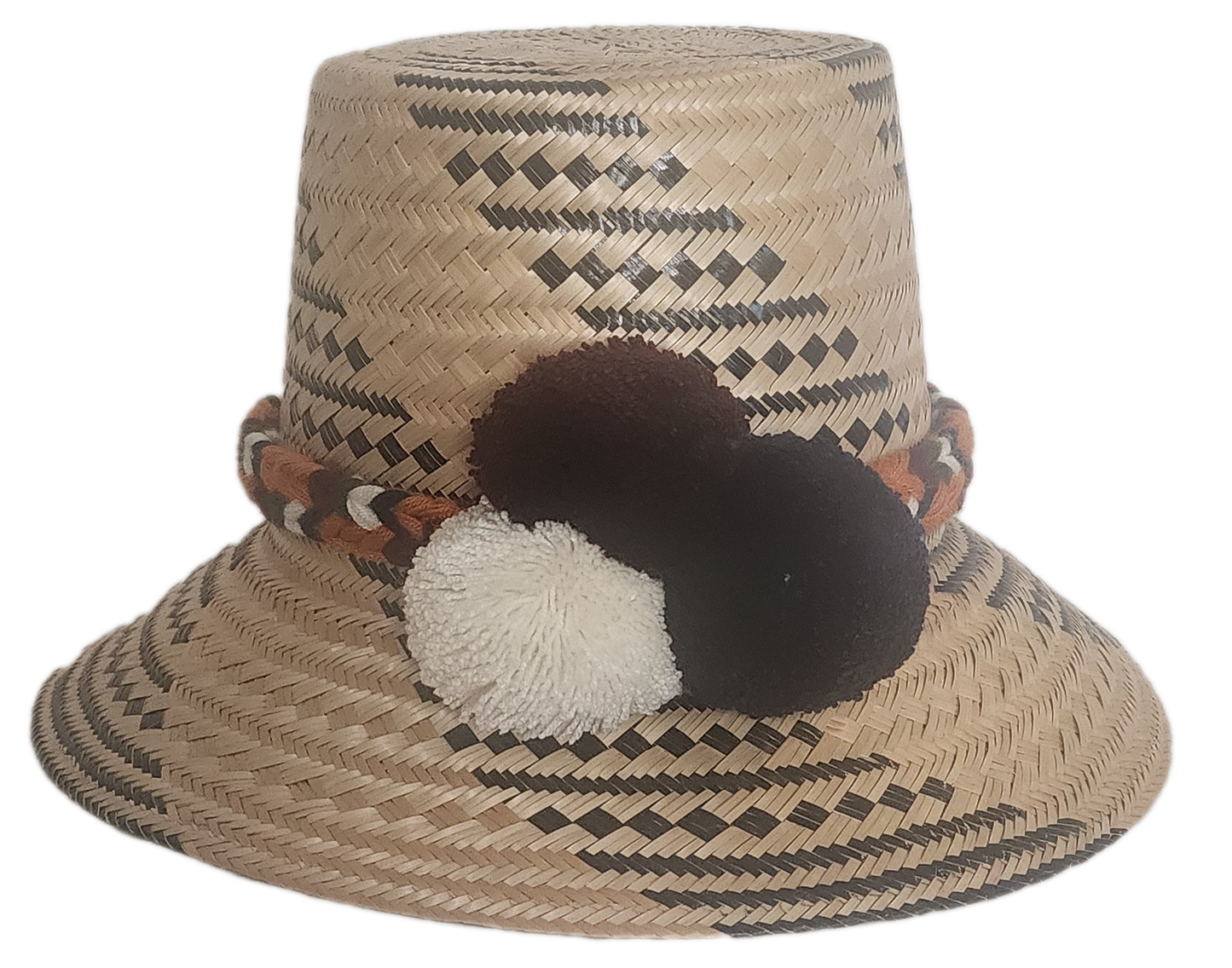 Boho straw hat with handmade black geometric patterns and neutral pompoms