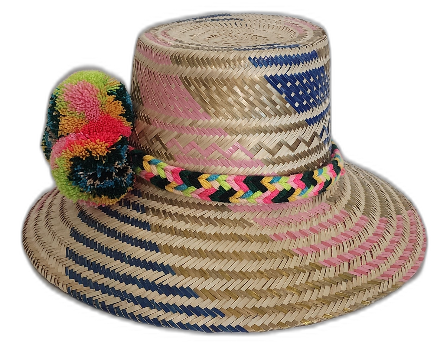 Boho chic hat with neon green, blue, and pink pompoms and a braided band.