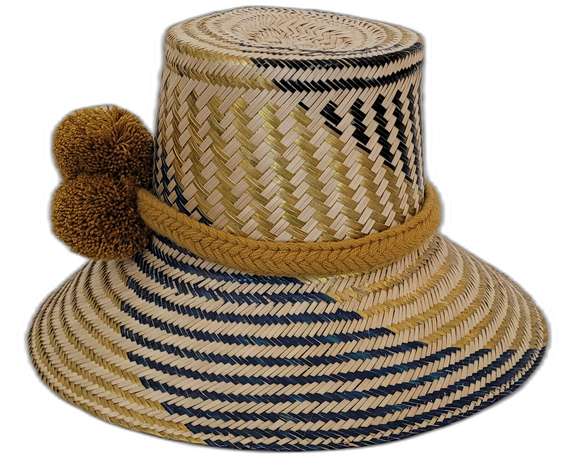 Boho chic straw hat in natural palm with mustard trim and artisan craftsmanship