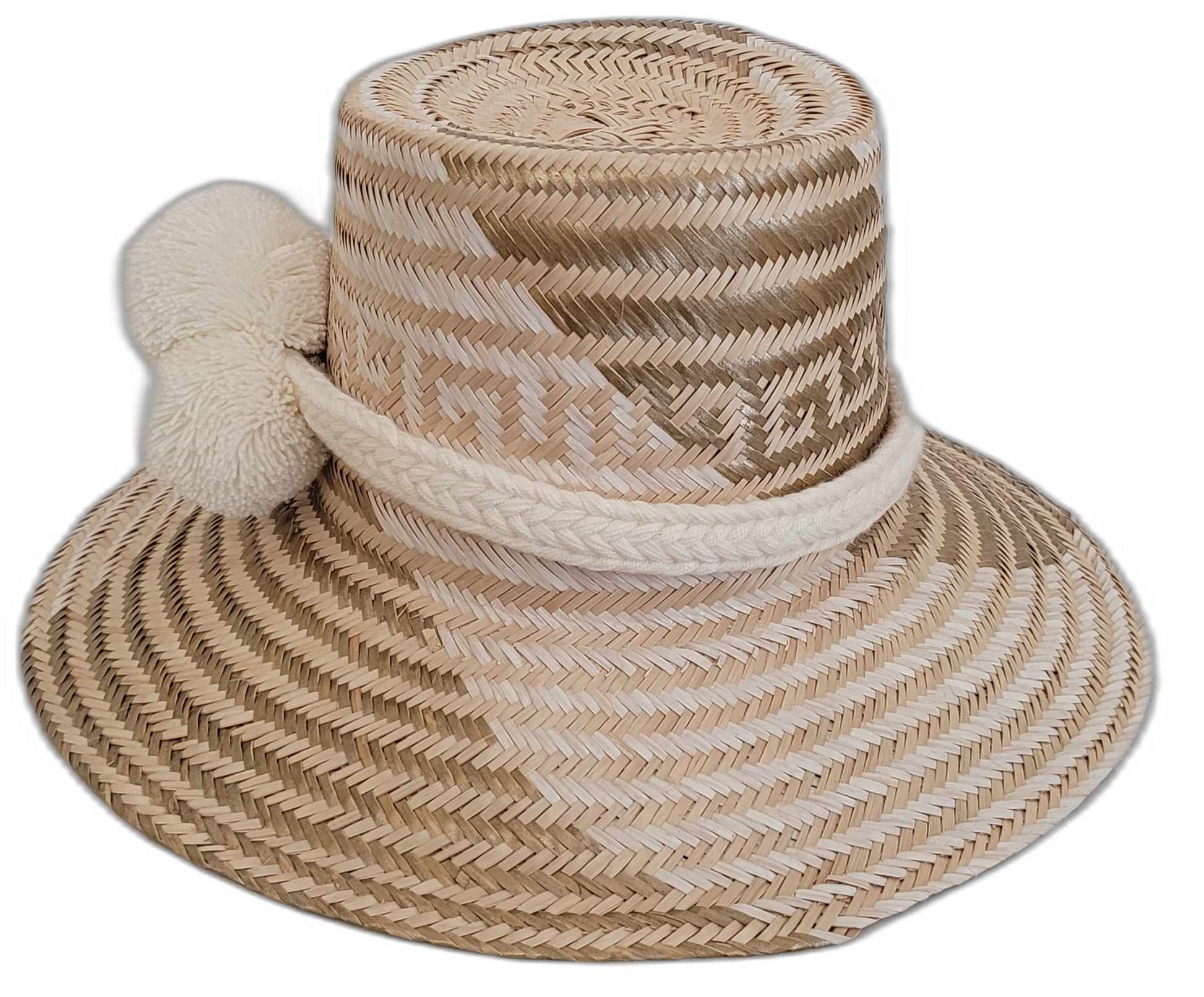 Colorful Boho straw hat, crafted from Iraca palm, featuring cream pompoms and soft beige-light brown details.