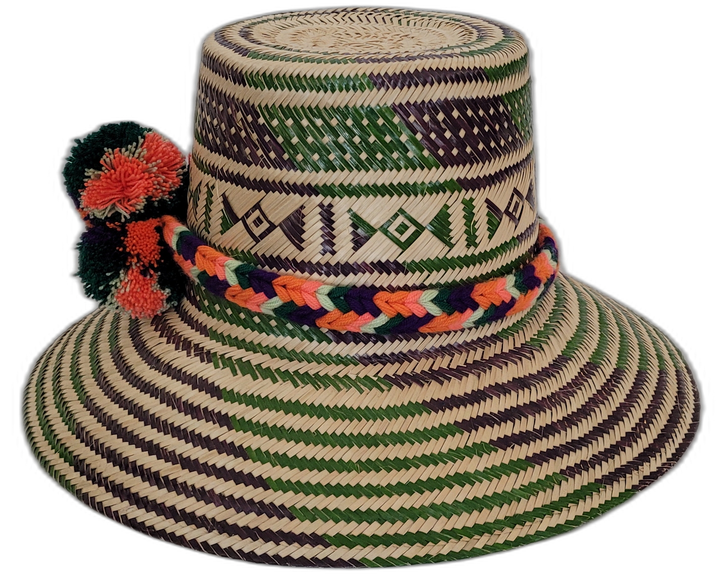 Artisan boho straw hat with multicolor woven band and bright pompoms.Bohemian hat featuring green weave, black diamonds, and handmade details