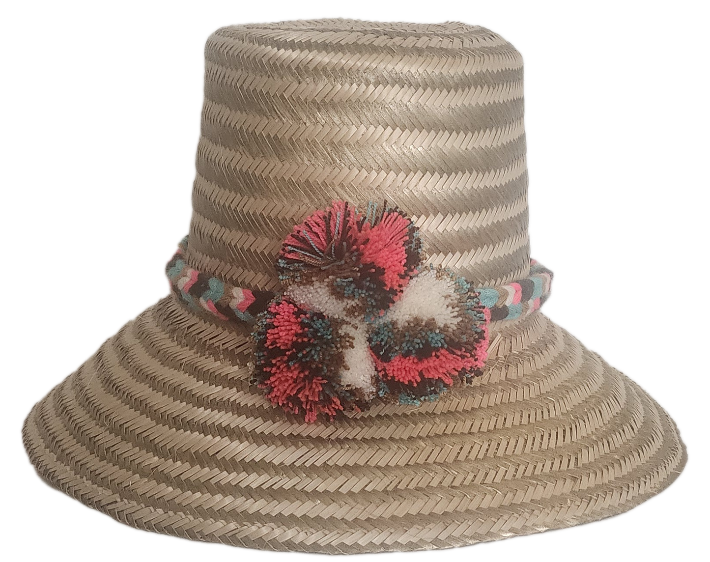 Boho-chick handmade Wayuu straw hat with colorful pom-poms and chevron weave