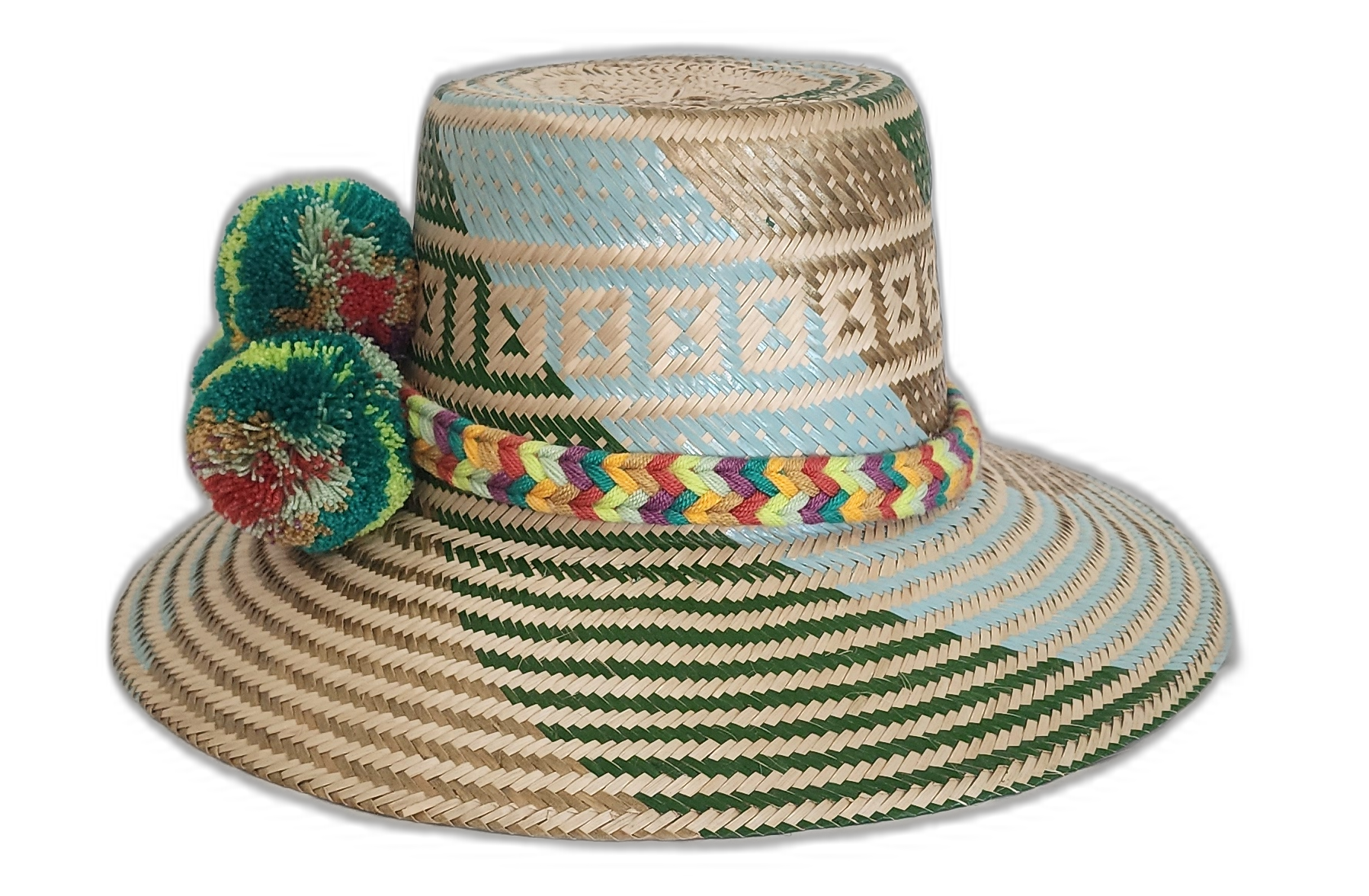 Boho hat featuring tribal weave and rainbow-colored artisan pompoms