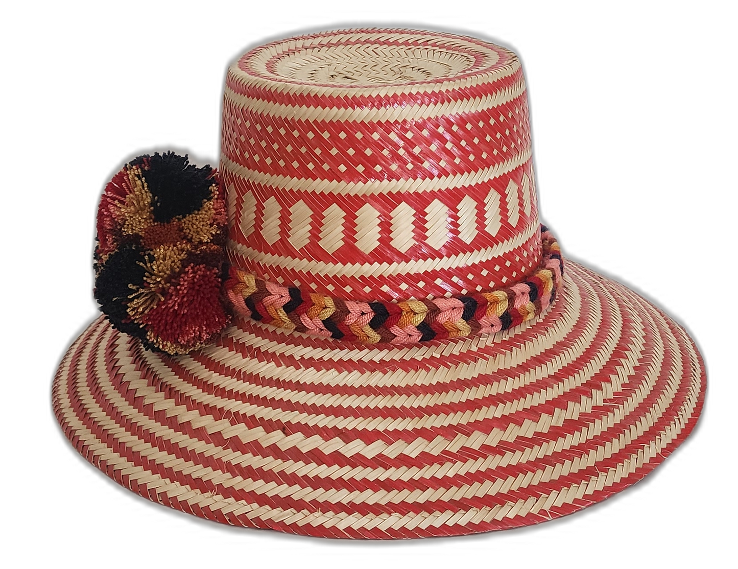 Boho Wayuu hat with diagonal red design and bold cultural accents