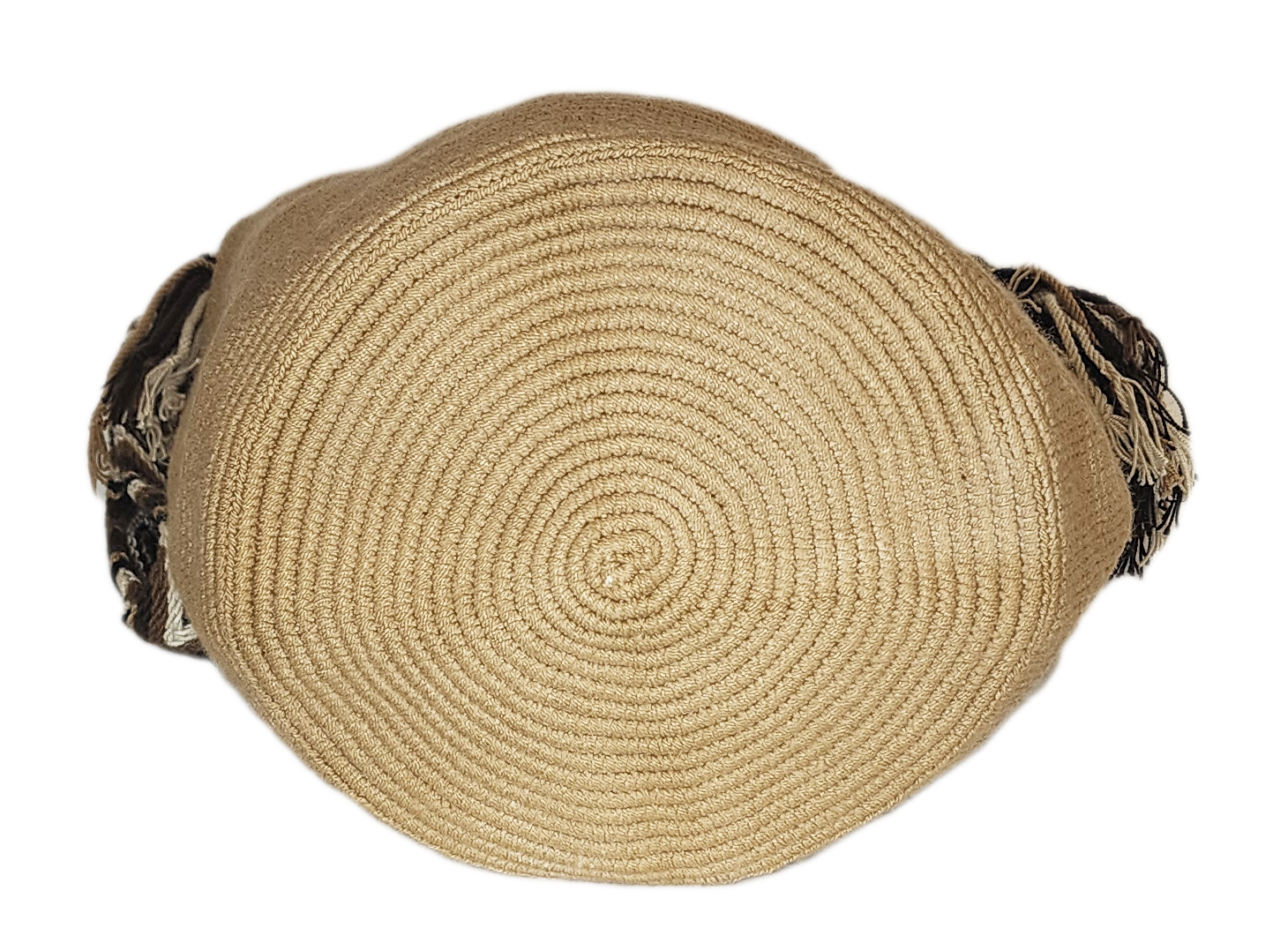 Artisan-crafted camel boho crochet bag featuring black, brown, and ivory tassels and strap, handmade in the Wayuu tradition.