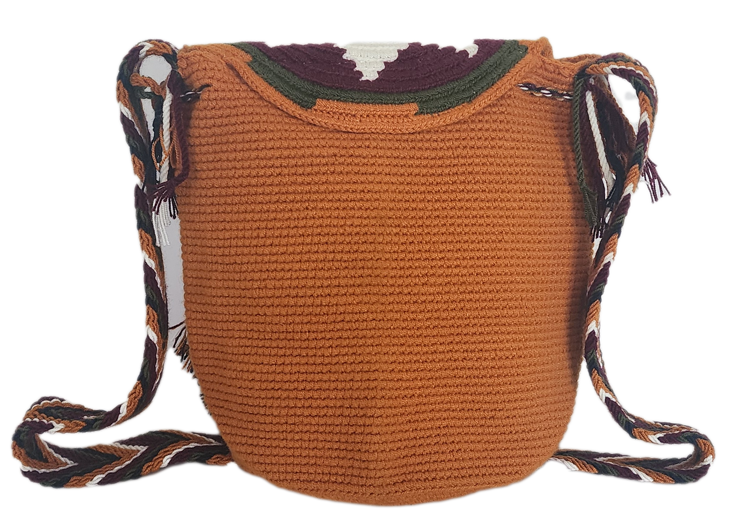 Bohemian artisan Wayuu bag in rich earth colors with handwoven sun symbol and braided strap — perfect handmade accessory for everyday color.