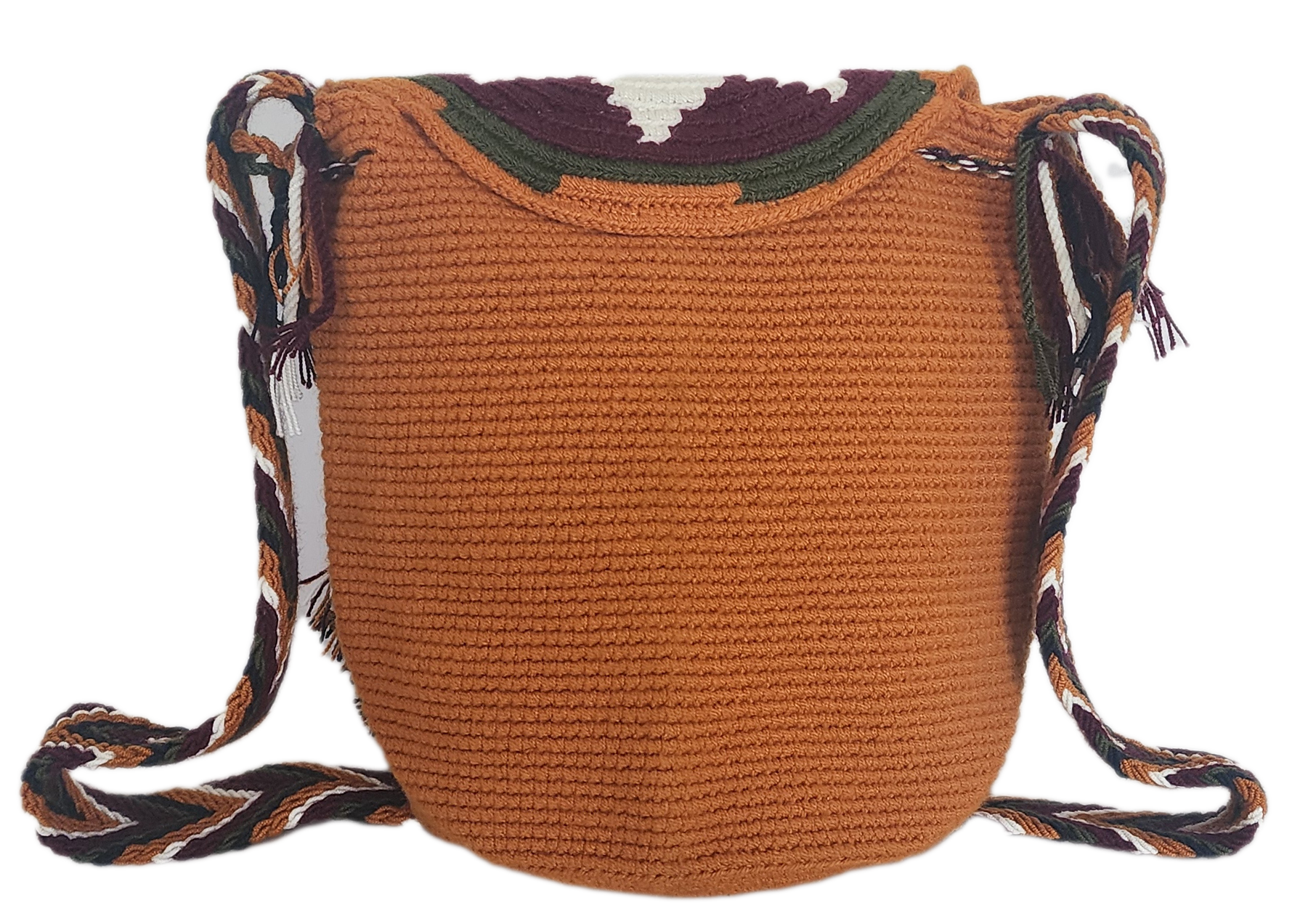 Bottom view Bohemian artisan Wayuu bag in rich earth colors with handwoven sun symbol and braided strap — perfect handmade accessory for everyday color.