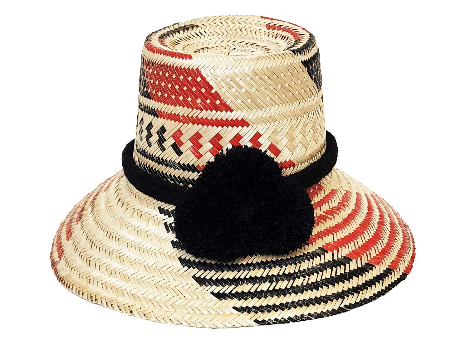 "Colorful Artisan Wayuu Hat handcrafted from iraca palm fibers, featuring vibrant designs and broad brim for sun protection."