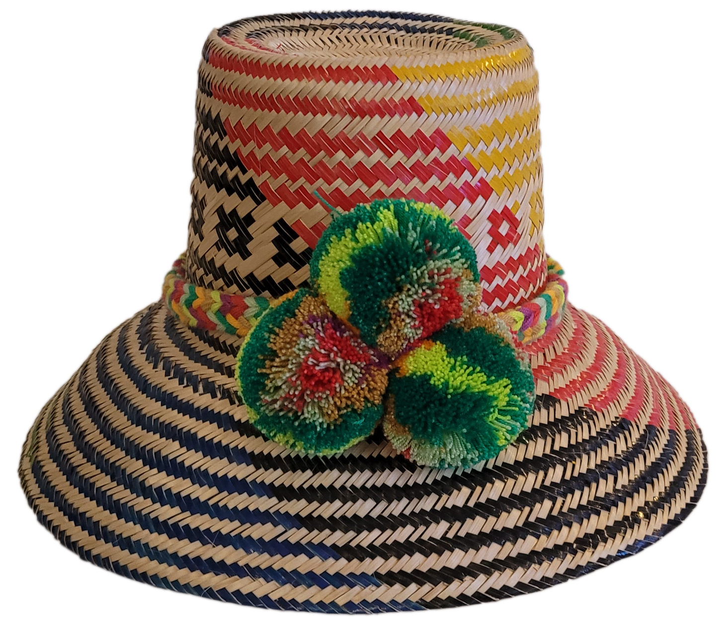 Boho Straw Hat with vibrant green, yellow, and red pompoms and multicolor weave.