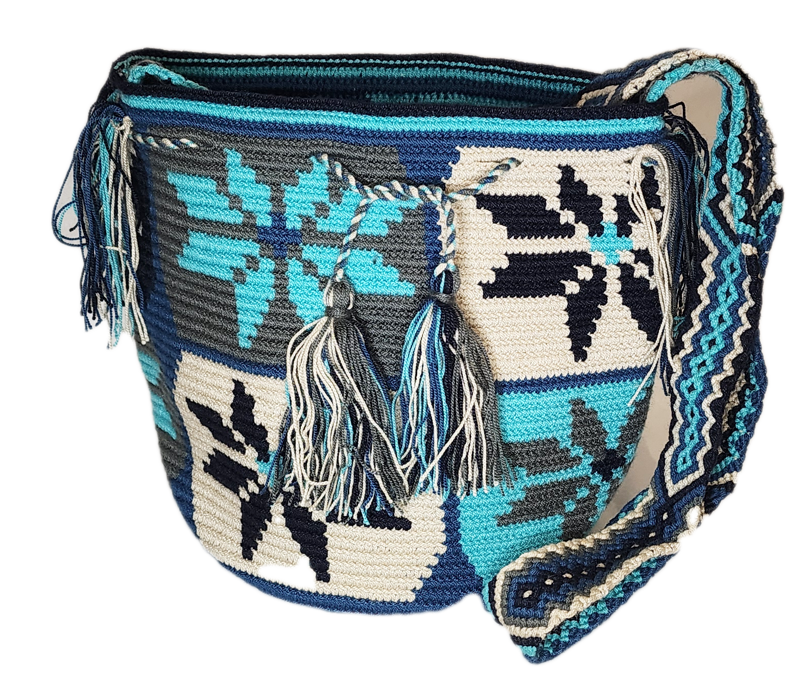 Colorful handmade crochet book bag with geometric floral design and braided shoulder strap, perfect for summer style.