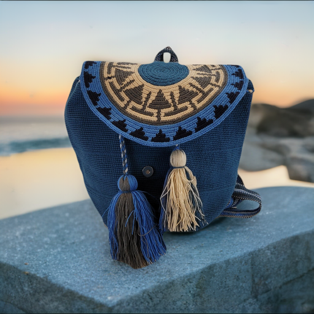 "Colorful handcrafted Wayuu crochet backpack showcasing traditional patterns and artisan craftsmanship."