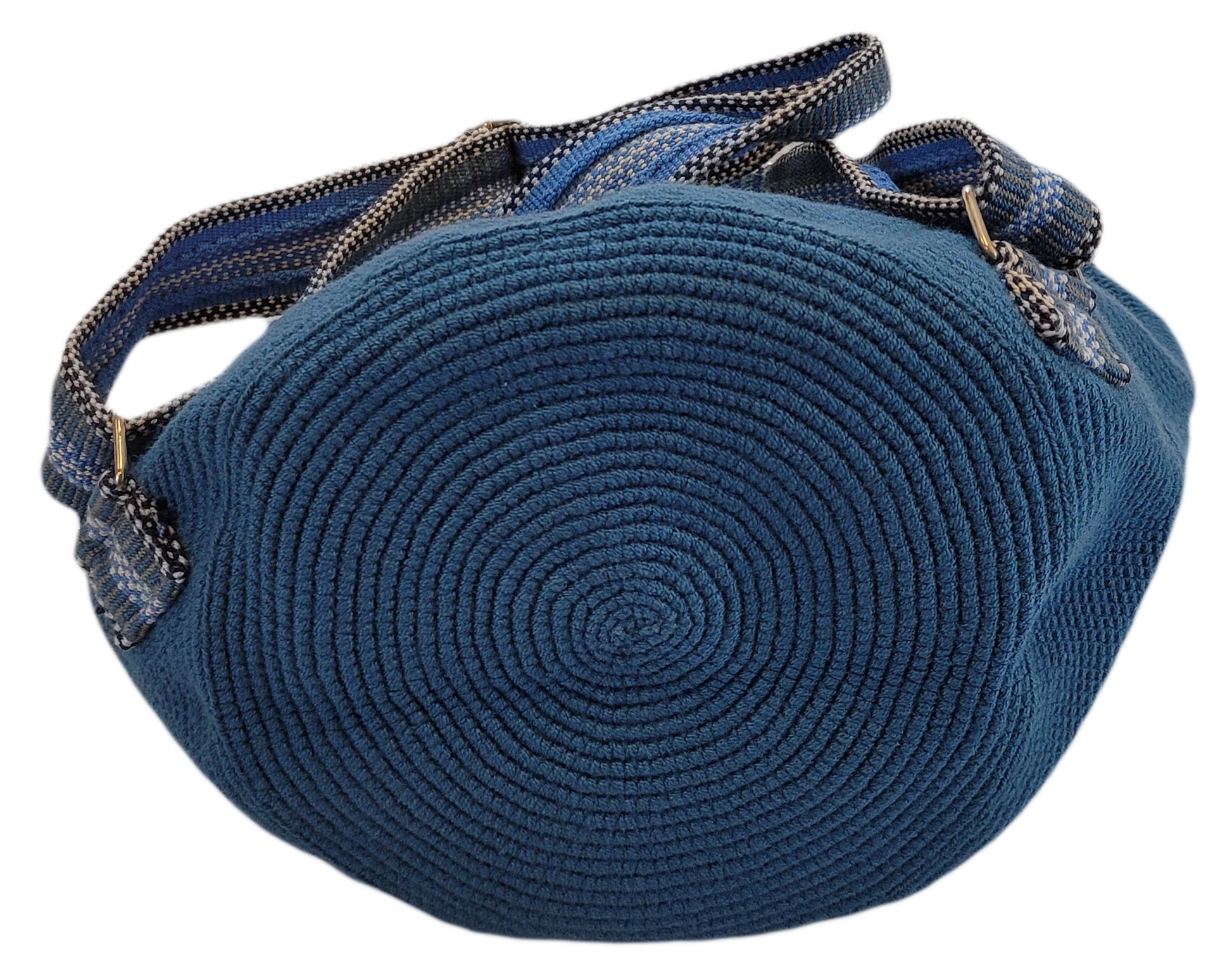 "Colorful handcrafted Wayuu crochet backpack showcasing traditional patterns and artisan craftsmanship."