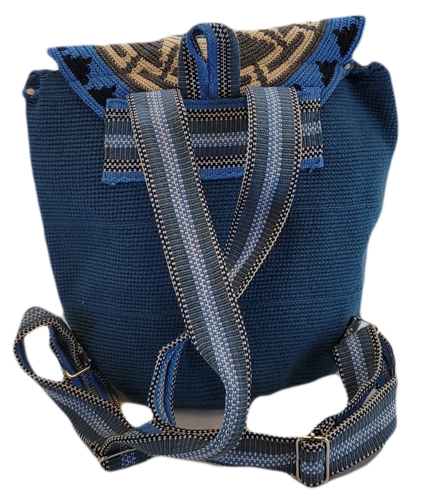 Bottom view "Colorful handcrafted Wayuu crochet backpack showcasing traditional patterns and artisan craftsmanship."