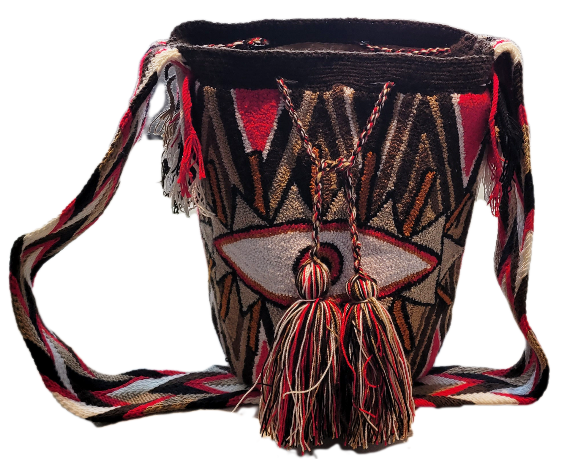 "Colorful handcrafted Wayuu crochet bag with unique geometric patterns, crafted by indigenous artisans, suitable for versatil