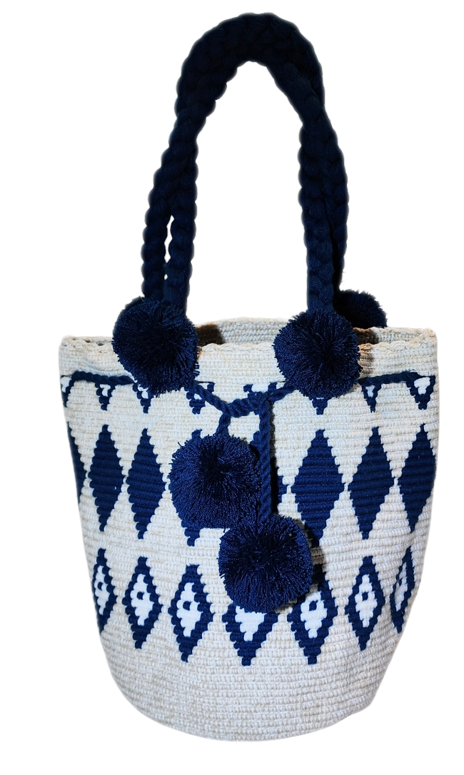 "Colorful handcrafted Wuitusu Wayuu crochet bag with a short handle, showcasing vibrant, unique patterns and fair trade craft