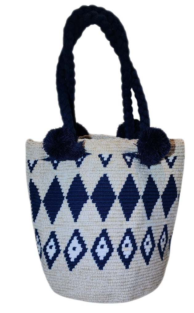 "Colorful handcrafted Wuitusu Wayuu crochet bag with a short handle, showcasing vibrant, unique patterns and fair trade craft