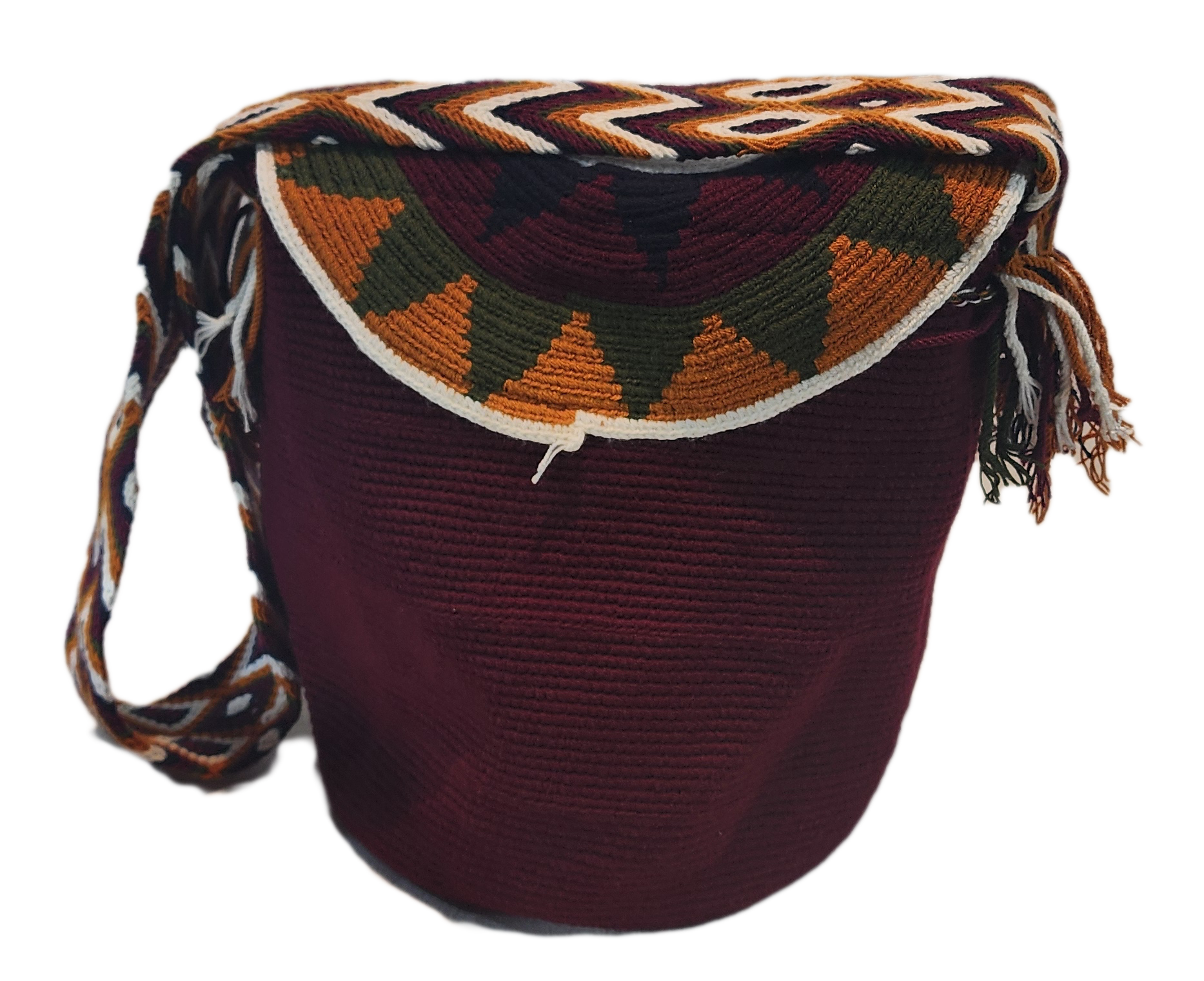 Bottom view "Colorful handcrafted Wuitusu Wayuu crochet bag with lid, featuring intricate patterns and a blend of vibrant colors."