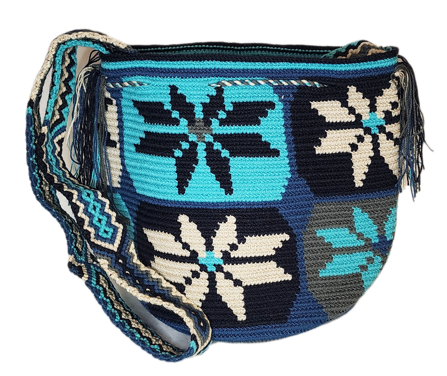 Bohemian crochet crossbody Wayuu bag in blue tones, lightweight and artisan-crafted for vibrant everyday use.