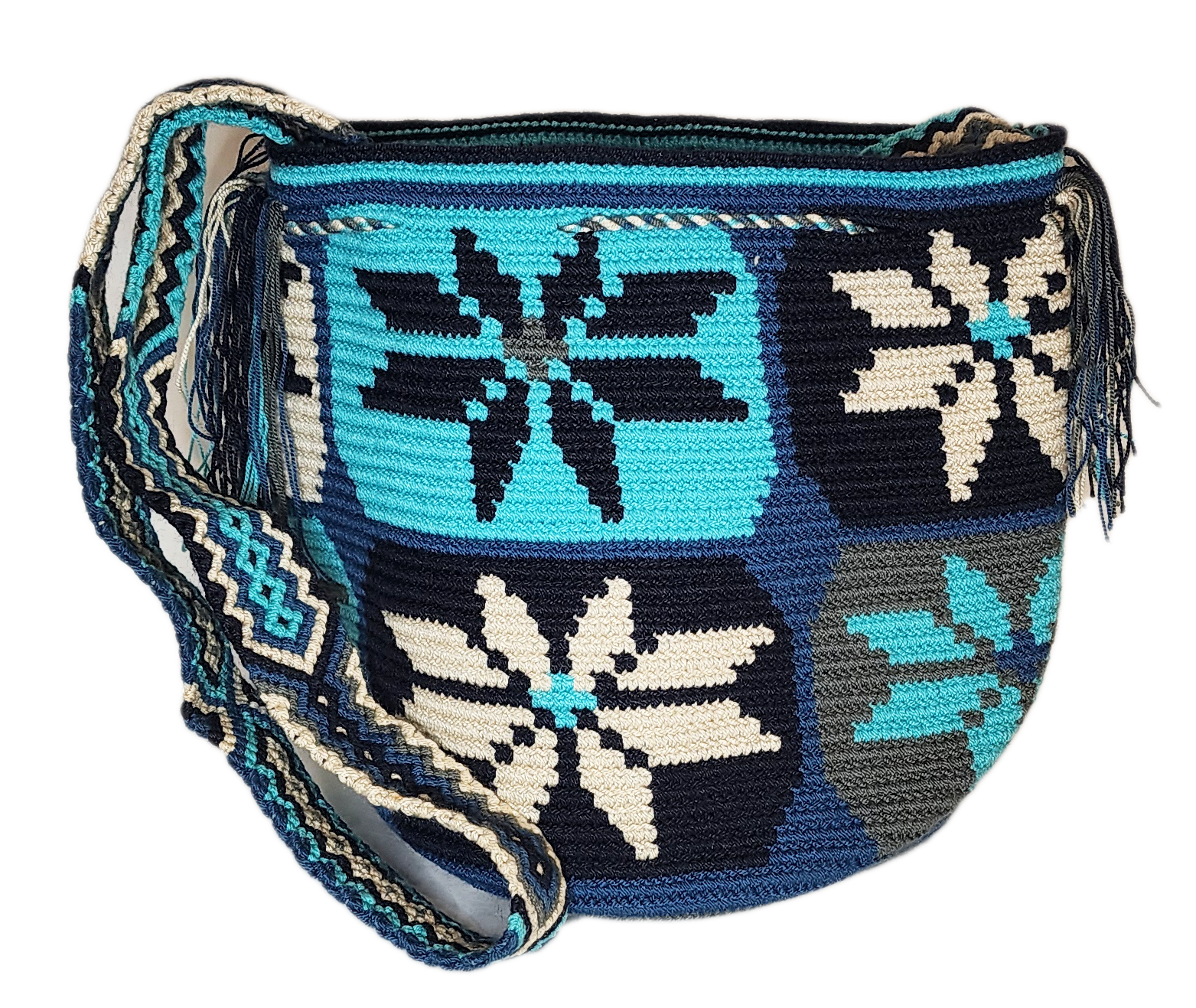 Bottom view Bohemian crochet crossbody Wayuu bag in blue tones, lightweight and artisan-crafted for vibrant everyday use.